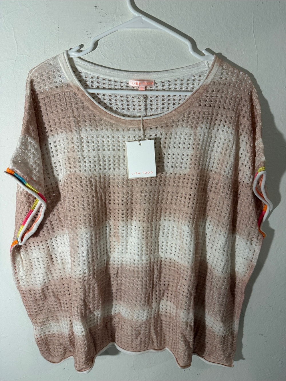 Lisa Todd Beige & White Open-Weave Striped Knit Top with Multicolor Trim